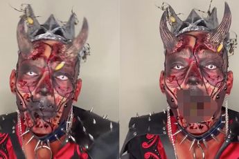 Make-up artiest gebruikt spinnen als onderdeel van zijn enge kostuum