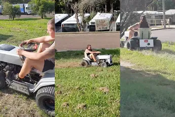 Man met matje heeft wel een hele snelle grasmaaier