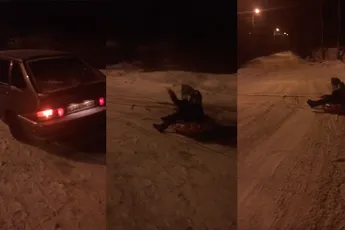 Meisje op band achter auto heeft wat sterkers nodig dan een asperientje