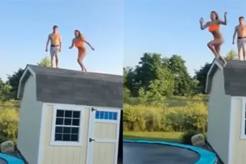 Nooit een goed idee: Van tuinhuisje via trampoline in zwembad springen