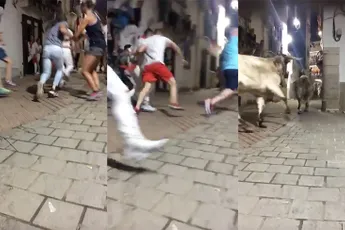 Stier ramt keihard een muur tijdens stierenrennen