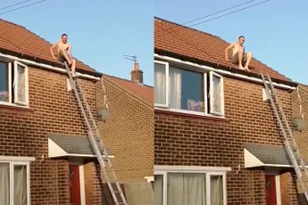 Vaak bu'j te bang: Waaghals maakt duik in zwembad van dak van huis