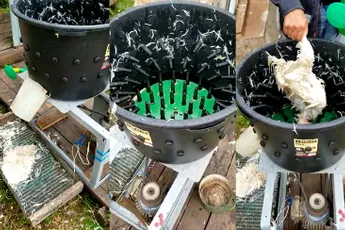 Voor de mensen die genieten van het boerenleven: Machine om kippen te plukken