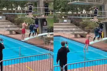 Viervoudige backflip van lage duikplank eindigt met pijn in bakkes