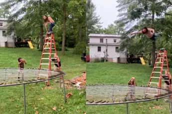 Doe eens gek joh, spring van een trap op een trampoline van prikkeldraad