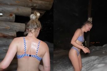 Myron Koops, vriendin van Enzo Knol, duikt in bikini de ijskoude sneeuw in