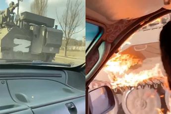 Ballen van staal: Oekraïeners gooien vanuit rijdende auto molotovcocktails op Russische tanks