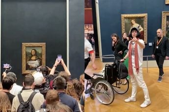 Zien: Man verkleed als oude vrouw besmeurt Mona Lisa met taart