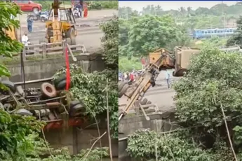 Kraanmachinist maakt toch wel heftige duik tijdens vrachtwagen bergen