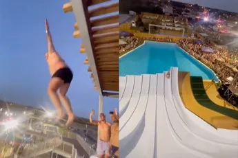 Andere beelden van waaghals springt van dak glijbaan in waterpark Frankrijk
