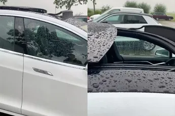 Je moet natuurlijk wel het dakraam van je Tesla dicht doen als er kans op regen is