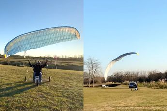 Paraglider heeft geen geweldige start en landt in busje