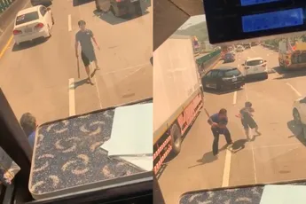 Buschauffeur is niet onder de indruk van honkbalknuppel tijdens verkeersruzie