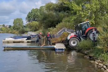 Beunhazen gebruiken trekker om iets uit het water te tillen, trekker gaat zwemmen