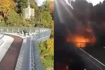 Voetganger kruipt door oog van de naald na raketaanval op brug in Kiev