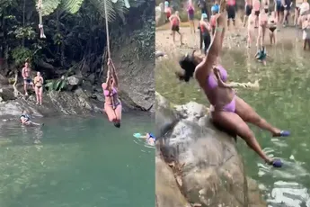 Vrouw verliest haar pruik tijdens slingeren aan touw