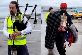 Still D.R.E op de doedelzak in Glasgow om Snoop Dogg te verwelkomen