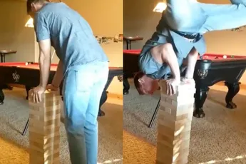 Joh, dus een Jenga toren is niet de meest ideale plek voor een handstand…
