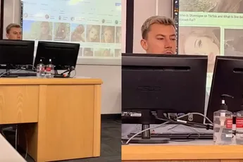 Docent vergeet dat computer nog met projector is verbonden en dat is gênant