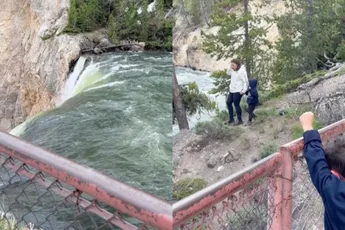 Moeder van het jaar leert kind lak te hebben aan het hek bij waterval in Yellowstone