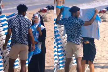 Natuurlijk help je een nonnetje die van een dagje strand wil genieten