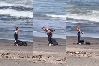 Influencer doet alsof ze het strand aan het opruimen is