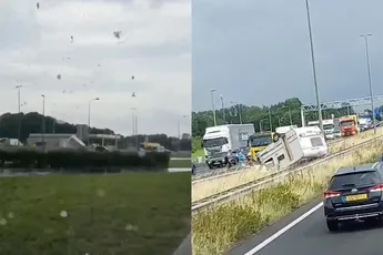 Caravan op A50 verliest van tornado en wordt de lucht ingesleurd