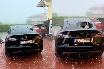Een fikse hagelbui is niet goed voor je Tesla