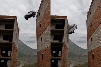 Stuntman springt in auto van verlaten flatgebouw, maar dat gaat verschrikkelijk mis