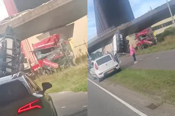 Vrachtwagen rijdt van viaduct A4 bij Bergen op Zoom