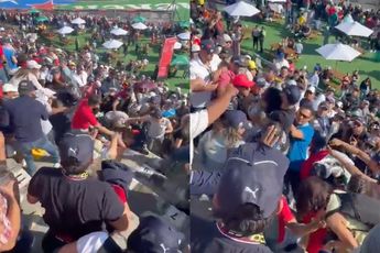Fans van Perez en Ferrari gezellig met elkaar op de vuist op tribune GP van Mexico