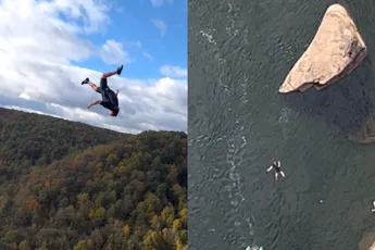 Gio Masters combineert basejumpen en klifduiken met elkaar
