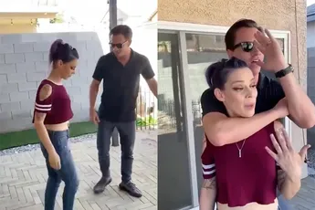 Vrouw daagt man uit dat ze uit elke 'headlock' kan ontsnappen, en ze heeft gelijk