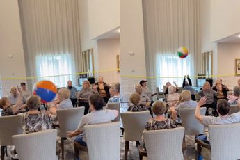 Volleyballen in het bejaardenhuis, niks stilzitten achter de geraniums!