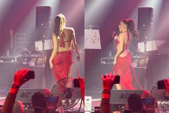 Albanese zangeres Tayna treedt op in zeer opvallende jurk