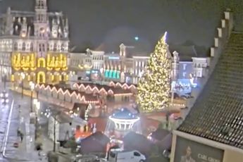 Webcam legt vast hoe kerstboom omvalt op kerstmarkt in Belgische Oudenaarde