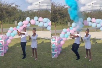 Zo te zien zijn de aanstaande vader en zijn beste maat erg blij met de uitkomst van de gender reveal party