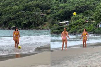 Braziliaanse beachvoetvolleybal dames trainen de schouders