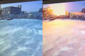 Grote explosie bij bedrijfspand in Enschede vastgelegd door beveiligingscamera