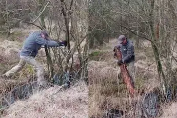 Ko de Boswachter moet over slootje springen, maar haalt een mooi nat pak