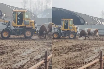 Stier en graafmachine hebben het met elkaar aan de stok
