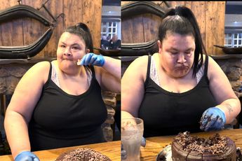 Tracy probeert chocoladetaart binnen tien minuten op te eten