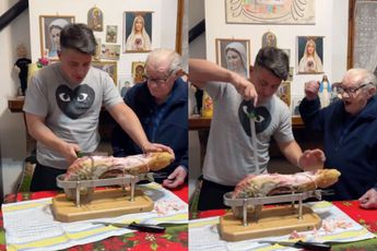 Italiaanse opa trekt kleinzoon heel slecht tijdens snijden van prosciutto