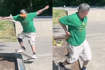 Skater op middelbare leeftijd laat zien dat stoeprand niet meegeeft