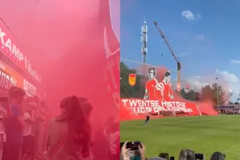 Beelden sfeeractie met grootdoek gaat mis bij oefenwedstrijd van FC Twente