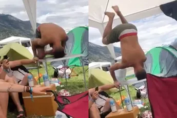 Sommige dingen kun je wel voorspellen: een handstand op een campingtafeltje...