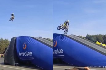 Stuntrijder mist met motor en al de ramp tijdens show