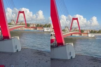 Moment dat containerschip Willemsbrug in Rotterdam ramt