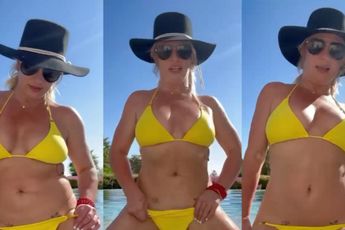 Britney Spears probeert in gele bikini de randjes van Insta weer eens op te zoeken