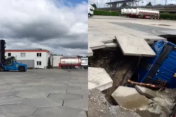 Dan heb je veel pech: chauffeur z’n vrachtwagen verdwijnt in een sinkhole